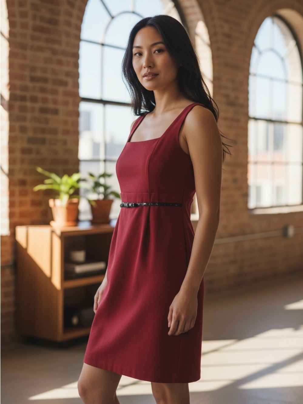 Blu Sage Square Neck Red Midi Dress with Black Bow Belt